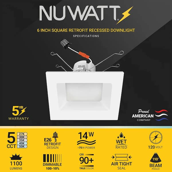 6 in. 14-Watt LED White Square Retrofit Recessed Housing Light 5 CCT 2700K to 5000K IC Rated Remodel Dimmable (4-Pack)