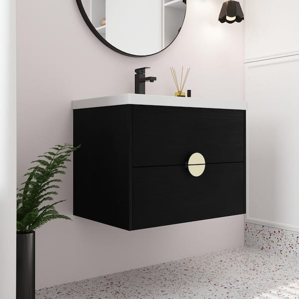 Magic Home 28 in. Floating Wall Mounted Bathroom Vanity Black Storage Cabinet with White Single Sink, 2-Drawers for Small Space