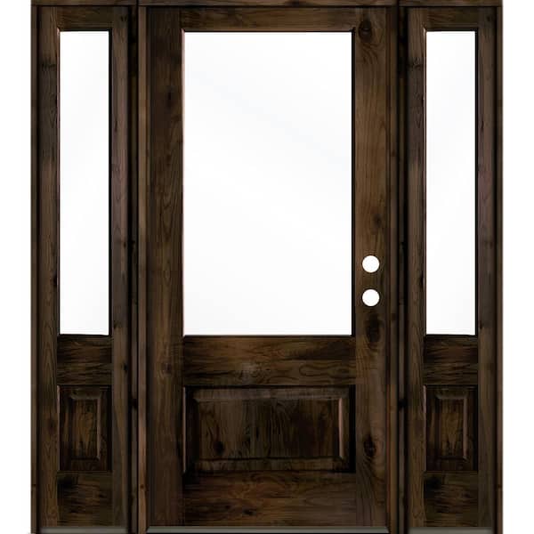 Krosswood Doors 64 in. x 80 in. Farmhouse Knotty Alder Left-Hand/Inswing 3/4 Lite Clear Glass Black Stain Wood Prehung Front Door