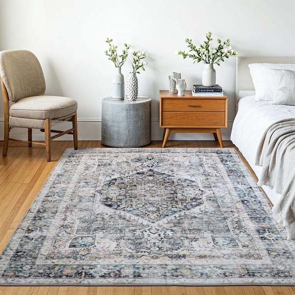 Machine Washable Paisley Antique Mist 5 ft. x 7 ft. Kitchen/Bedroom/Living Room Indoor Area Rug