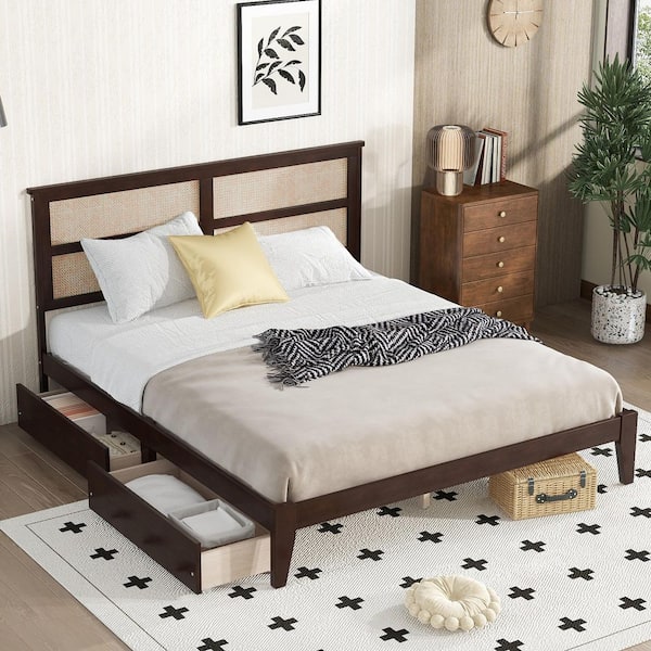 Espresso Brown Wood Frame King Size Platform Bed with Rattan Headboard, Two Storage Drawers and Enhanced Support Feet