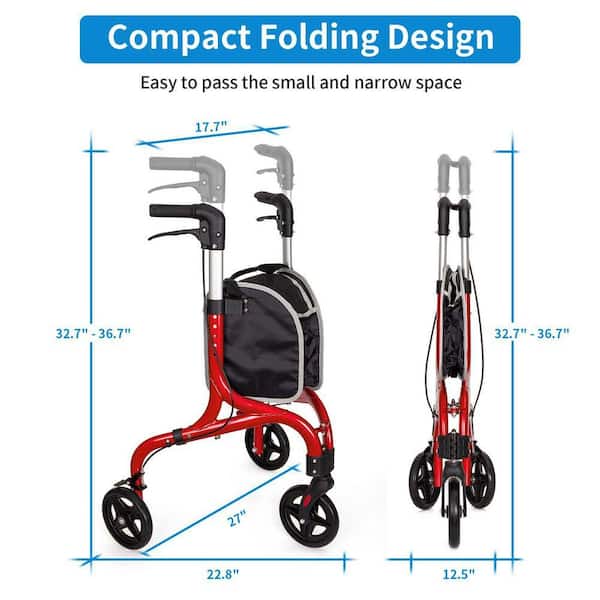 DAILYLIFE Rollator Walker歩行器 赤 JFVKAF 3 Wheel Series Ultra Lightweight Foldable Rollator Walker