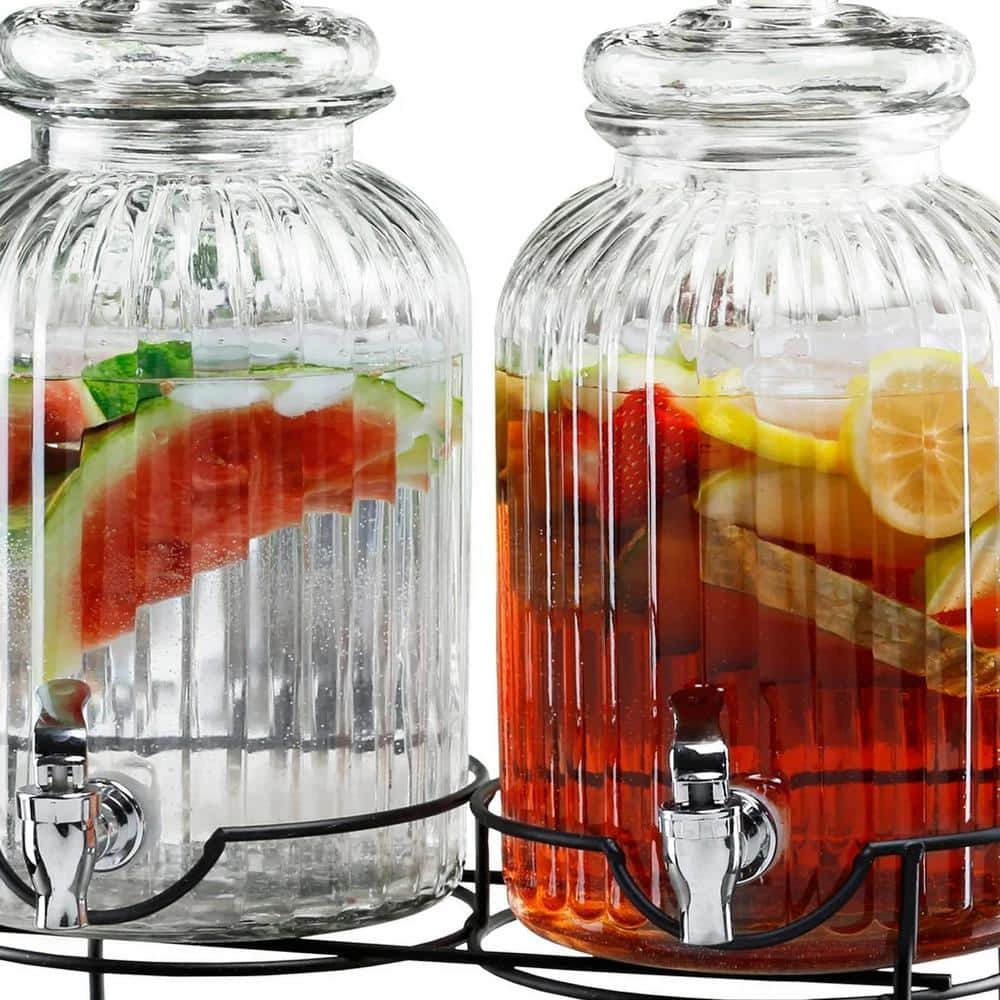 Clear Ribbed Glass Beverage Dispenser Set with Metal Stand