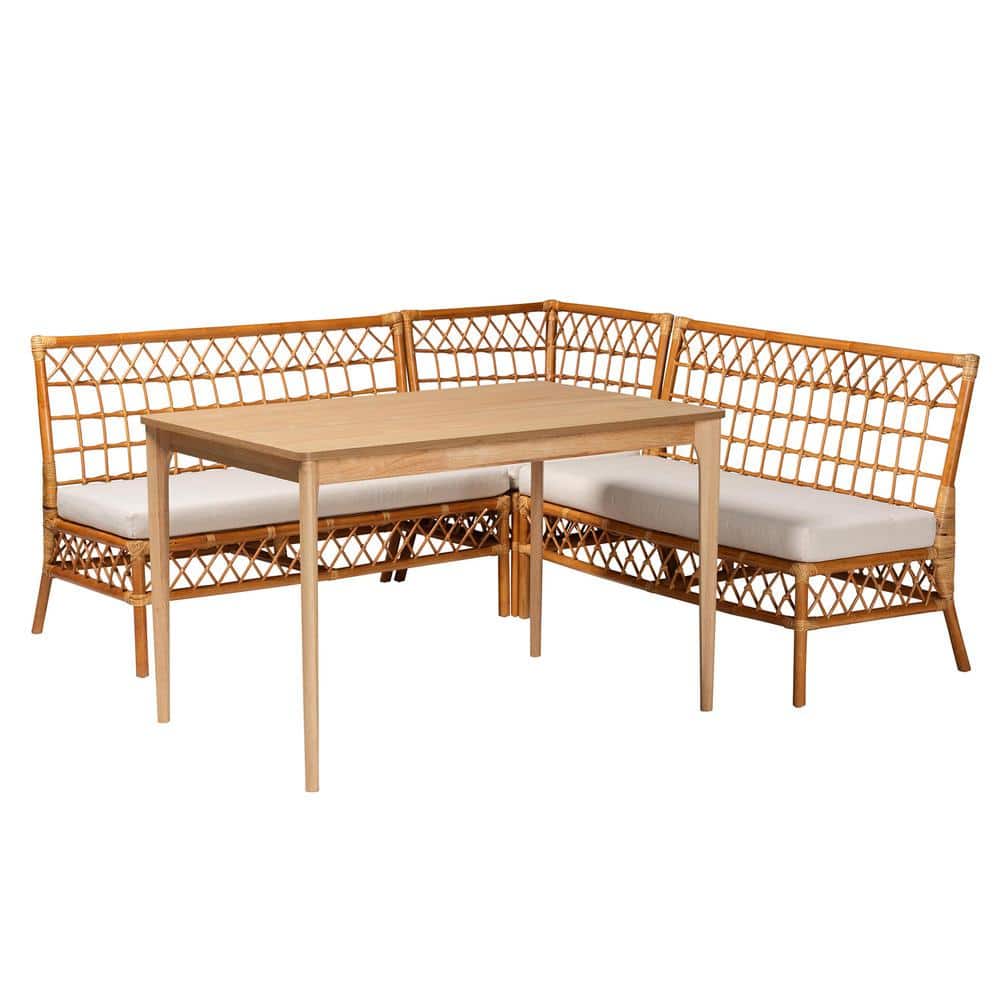 Adora Honey Rattan and Rubberwood 4-Piece Dining Nook Set