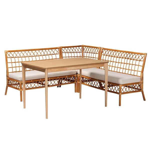 Adora 4-Piece Light Honey Rattan Wood Top Dining Set