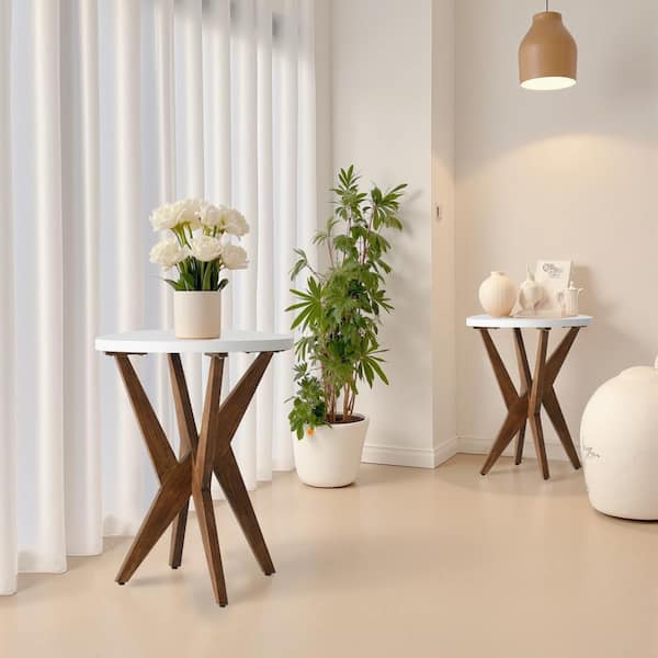 Ahokua 20 in. White Round Smooth Top Solid Wood End Table with Crossed Legs and Sturdy 4-Leg Base (Set of 2)