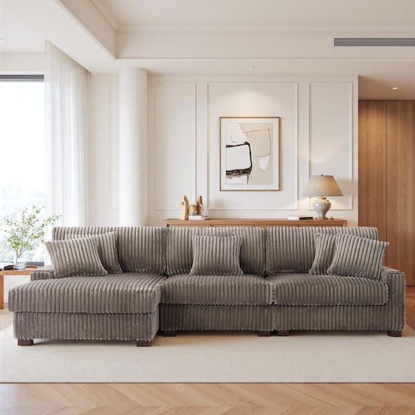 118.31 in. W Square Arm 3-piece Faux Rabbit Fur Fabric L-Shaped Left Facing Modular Sectional Sofa in. Light Brown