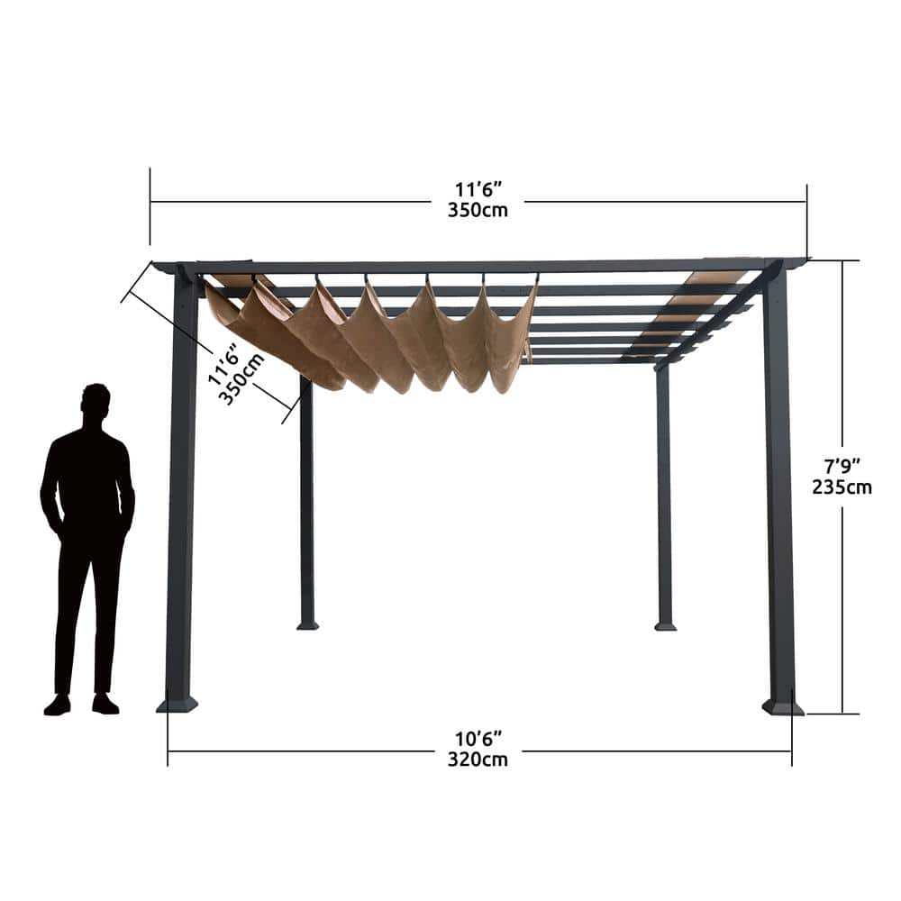 Florence Gray Aluminum Pergola with Cocoa Adjustable Canopy, 11' x 11'