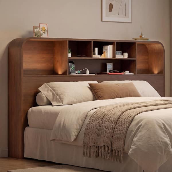 Round-edge Bookcase Headboard with LED Lights & Charging Station