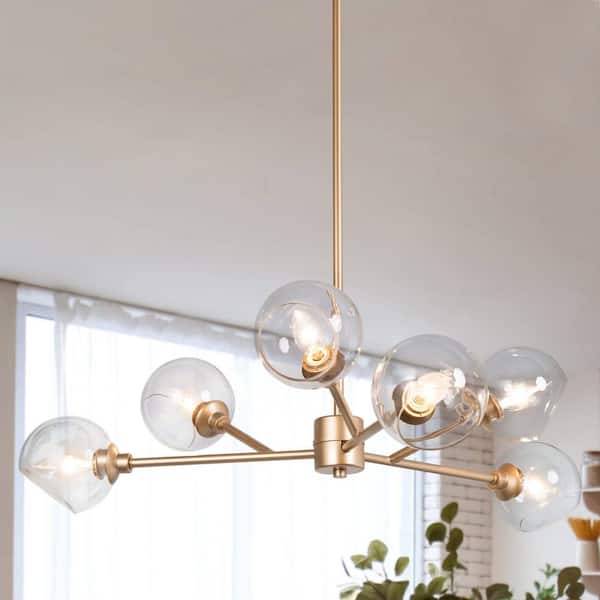 6-Ligh Gold Sputnik Globe Chandelier with Glass Shades, Mid-Century Modern Dining Room Flush Mount Chandelier