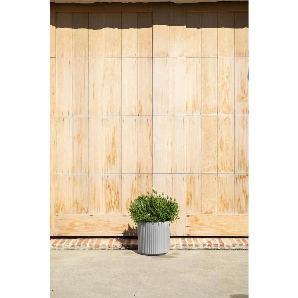 Gray Fluted Plastic-Concrete Round Planter, 11.5" H