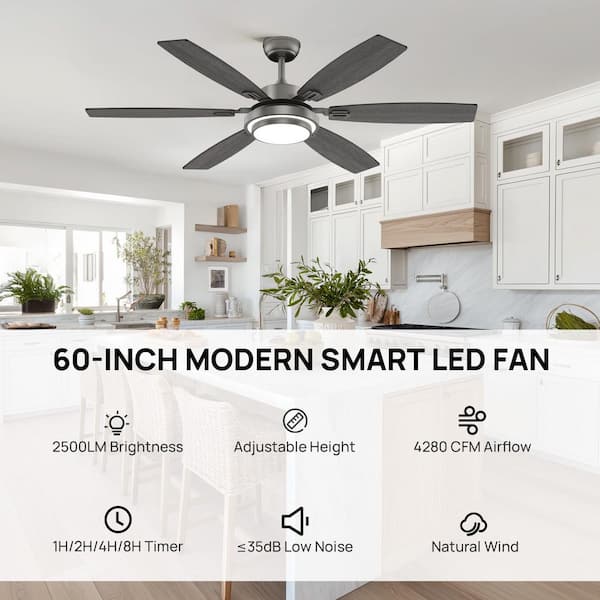60 in. Indoor Grey Downrod Mount Ceiling Fan with Integrated LED with Remote Control Included