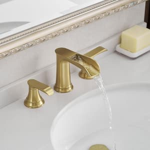 Waterfall 8 in. Widespread Double Handle Brass Bathroom Faucet with Pop Up Drain and Water Supply Hoses in Brushed Gold