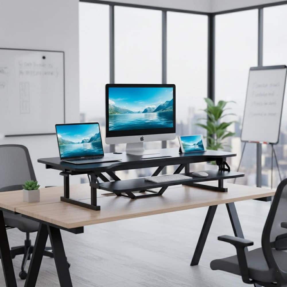 43 in. W Black Height Adjustable Standing Desk Converter Tall Riser with Tablet Slot and Deep Keyboard Tray Platform price history on PriceWatchPro