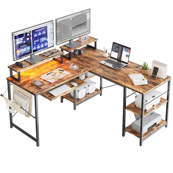 Bestier L Shaped Desk LED 95.2 in. Computer Corner Desk with Keyboard Tray Monitor Stand Rustic Brown