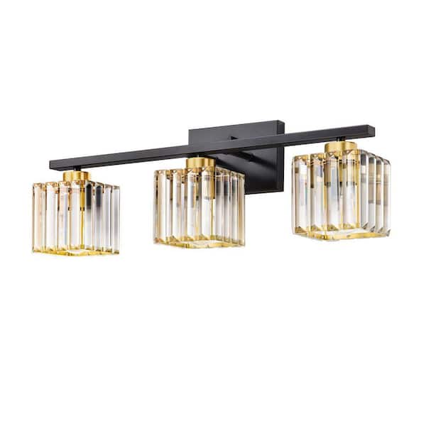 24 in. 3-Light Black Vanity Light with square crystal glass shades