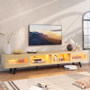 70 in. Mid-century TV Stand Fits TV up to 75 in. with LED Light Ribbed Glass Sliding Door and Open Shelves White Maple