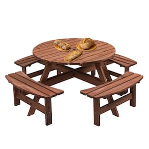 70 in. W x 27 in. H x70 in. D 8-People Brown Circular Outdoor Wooden Round Picnic Table Kit 4 Built-In Benches Backyard