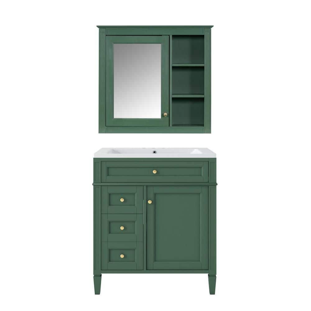 30 in. Single Sink Freestanding 2 Drawers and a Tip-Out Drawer Green Bath Vanity with White Ceramic Top Mirror Cabinet