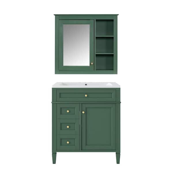 30 in. Single Sink Freestanding 2 Drawers and a Tip-Out Drawer Green Bath Vanity with White Ceramic Top Mirror Cabinet