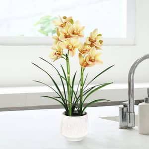 24 in. 2-Stem Yellow Burgundy Artificial Cymbidium Orchid Flower Arrangement in Leaf Pattern Ceramic Pot