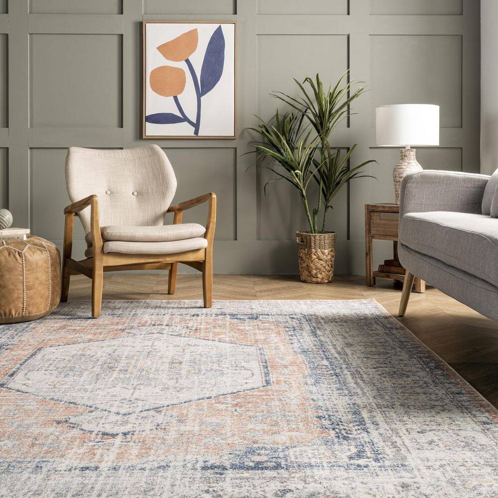 Peach Floral Soft Synthetic 5' x 8' Easy Care Area Rug