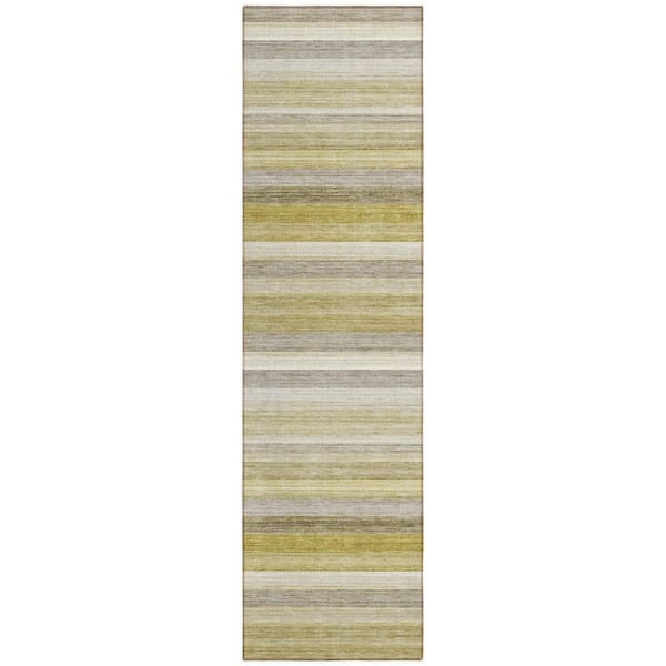 Yellow, Beige, Gray 2 ft. x 8 ft. Woven Striped Polyester Runner Indoor / Outdoor Area Rug