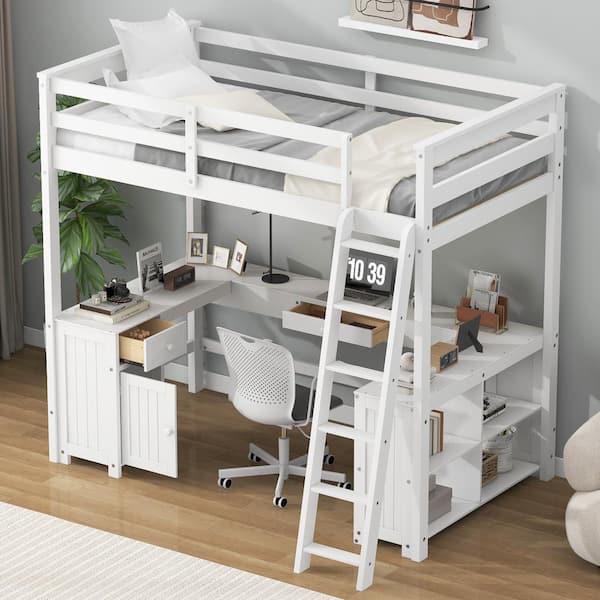 White Full Size Loft Bed with U-shaped Desk, Drawers, Storage Shelves