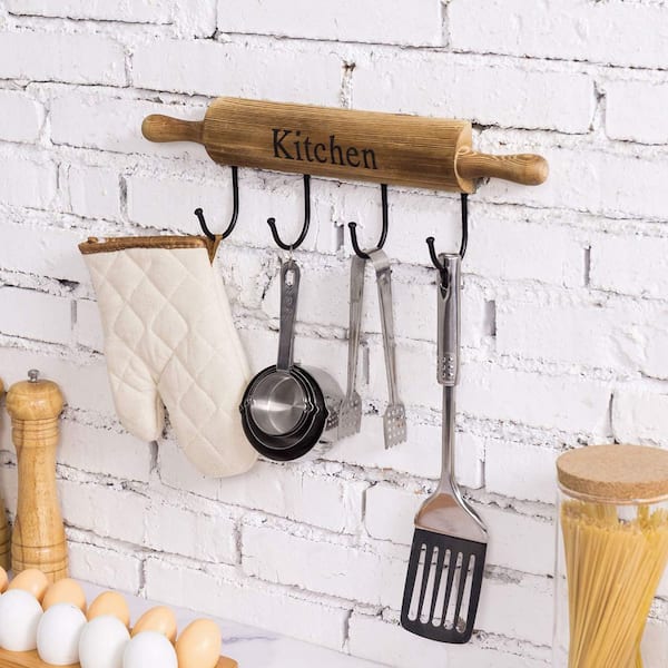 Rustic Rolling Pin Kitchen Wall Decor with 4 Hooks Burnt Brown Finish Mug Hook for Hanging Cooking Utensils, Hand Towels