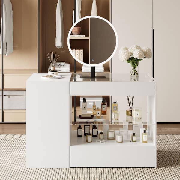 FUFU&GAGA Pearl 8 Drawer 47.2 in. Wide Dresser with Mirror, 3-Color LED Mirror, Glass Top, Glass Shelves, Dual Side Drawer Storage