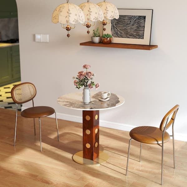 33 in. W Round Pandora Sintered Stone with Solid Wood Pedestal Dining Table for Bistro, Dining Room, Terrace (Seats 2)