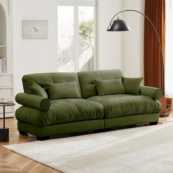 Dalton 93.7 in. Velvet Upholstered Rectangle Sectional Sofa in. Olive Green with Blostered Armrests, Pillows