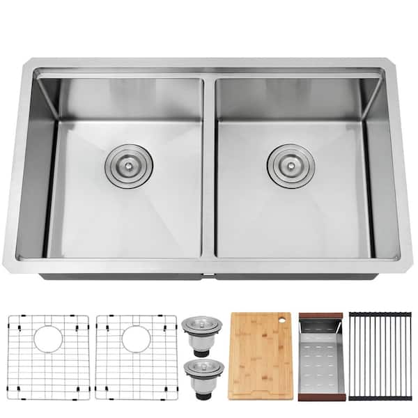 32 in. Dual Mount Double Bowl 16-Gauge Brushed Stainless Steel Workstation Kitchen Sink, 50/50 Split