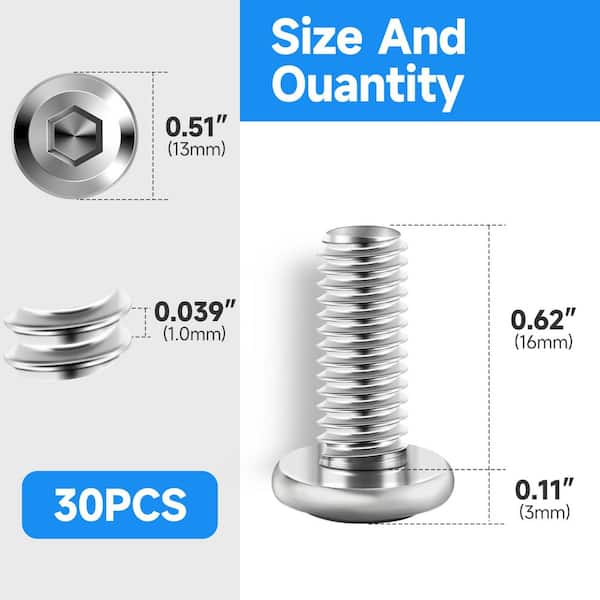 M6 x 16 mm Stainless Steel Hex Button Head Socket Screw (30-Pack)