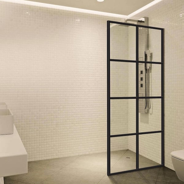 Fab Glass and Mirror Madeira 34 in. x 72 in. Grid Pattern Shower Screen with Enduroshield Fixed 3/8 in. Thick Clear Tempered Glass
