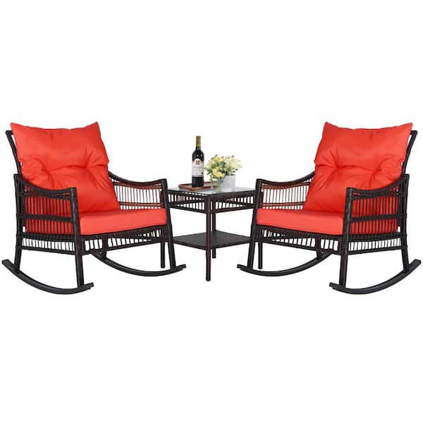 Veikous Dark Brown 3 Piece Patio Wicker Outdoor Rocking Chair Set With Orange Cushions And Pillows Hw007 1 - Outdoor Patio Rocking Chair Sets
