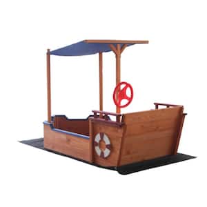 Pirate Ship Sandbox 340 Gal. with Cover and Rudder, Wooden Sandbox with Outdoor Storage Bench and Seat, Outdoor Toy