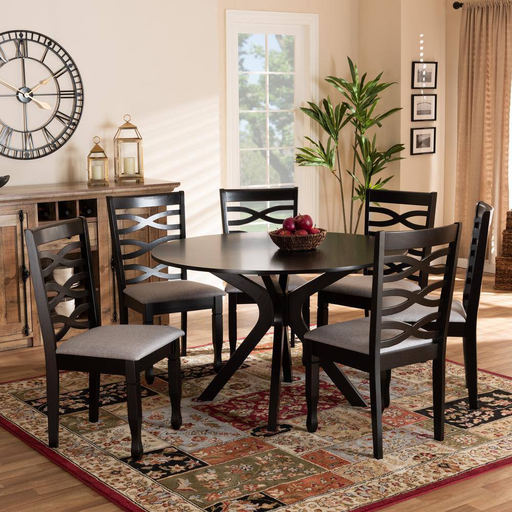 Mila 7-Piece Dark Brown Wood Dining Set with Grey Upholstered Chairs