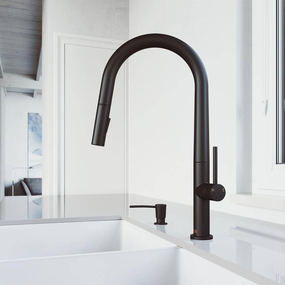Matte Black Brass Pull-Down Kitchen Faucet with Soap Dispenser