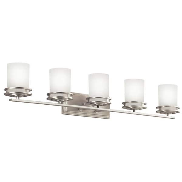 Hendrik 43 in. 5-Light Brushed Nickel Contemporary Bathroom Vanity Light with Etched Glass Shade