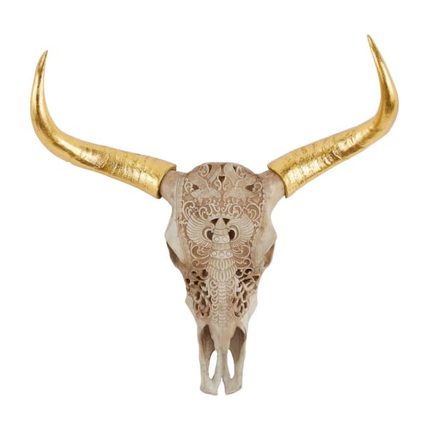 Litton Lane 28 in. x 28 in. Brown Polystone Bohemian Skull Wall Decor
