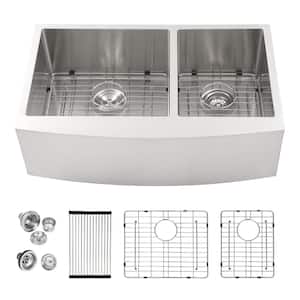 33 in. Farmhouse Double Bowls Sink 16-Gauge Brushed Stainless Steel Kitchen Sink
