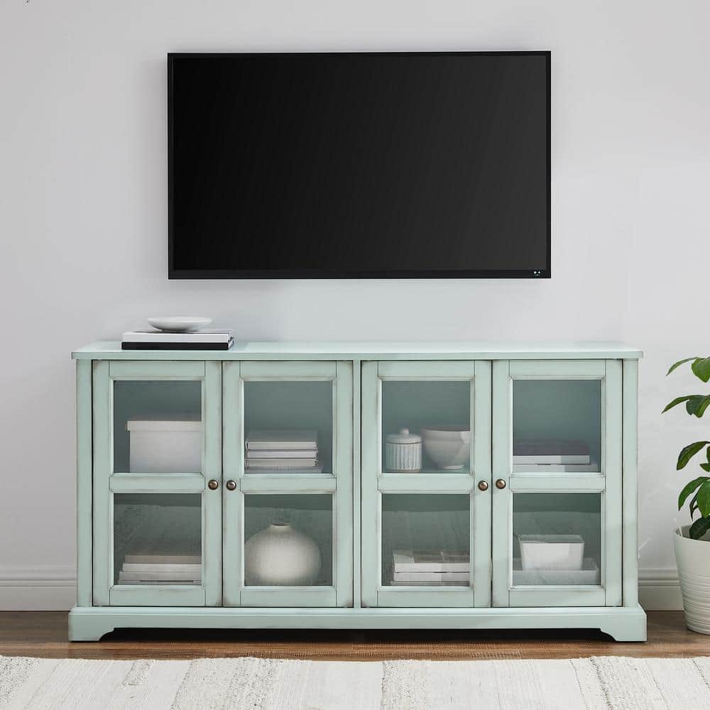 Holbrook Distressed Seafoam Blue Glass Door Sideboard Cabinet