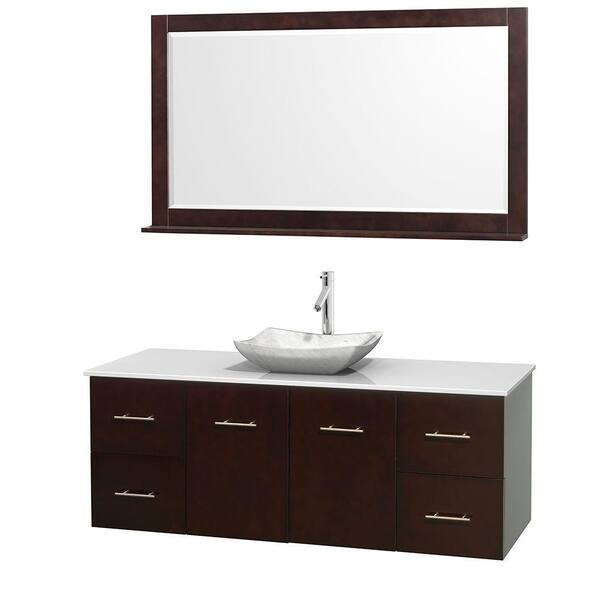 Wyndham Collection Centra 60 in. Vanity in Espresso with Solid-Surface Vanity Top in White, Carrara Marble Sink and 58 in. Mirror