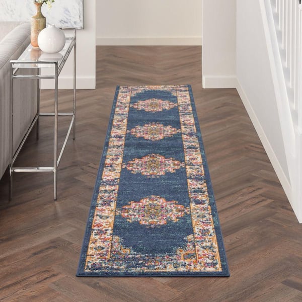 Passion Navy 2 ft. x 10 ft. Bordered Transitional Runner Area Rug