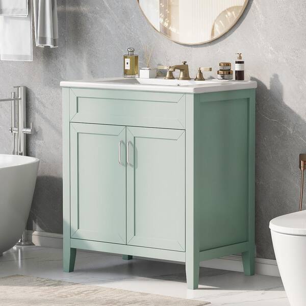 Unbranded 30 in. W x 18 in. D x 34 in. H Freestanding Bath Vanity in Green with White Ceramic Top