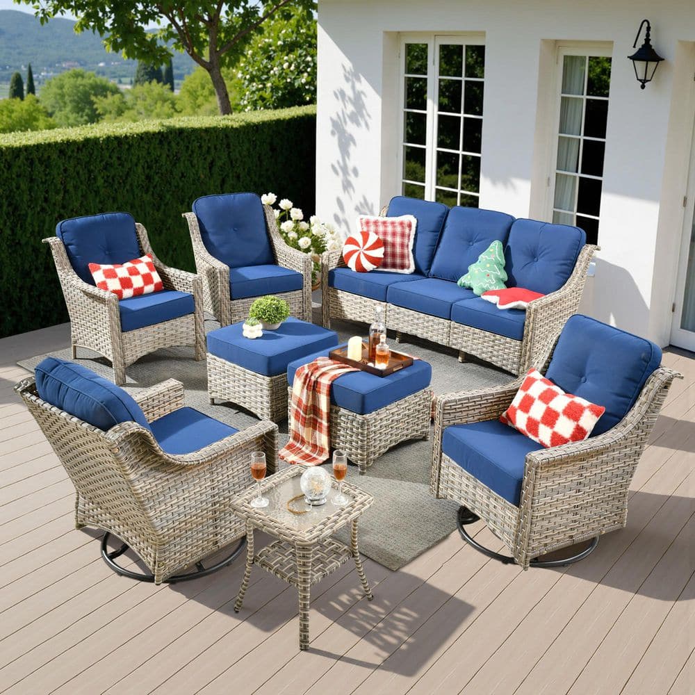 BlissHaven 8 Pieces Wicker Patio Conversation Seating Sofa Set with Navy Blue Cushions and Swivel Rocking Chairs price history on PriceWatchPro