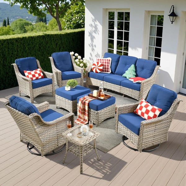 XIZZI BlissHaven 8 Pieces Wicker Patio Conversation Seating Sofa Set with Navy Blue Cushions and Swivel Rocking Chairs
