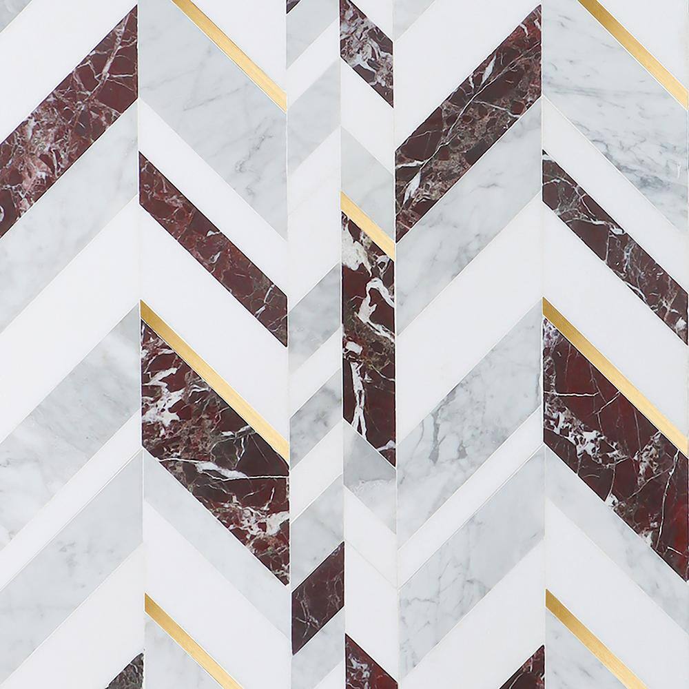 Tyra 12" x 18" Polished Marble and Brass Chevron Mosaic Tile