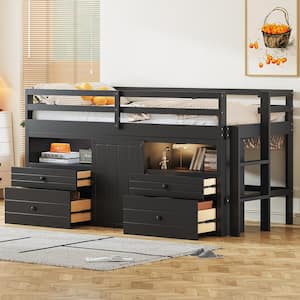 Espresso Wood Frame Twin Size Loft Bed with 4 Drawers, Underneath Cabinet, Storage Shelves, Full-Length Bedrails